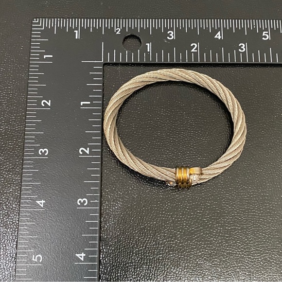 Unsigned Two-tone Twisted Cable Open Cuff CZ End Bangle Bracelet - Picture 9 of 12